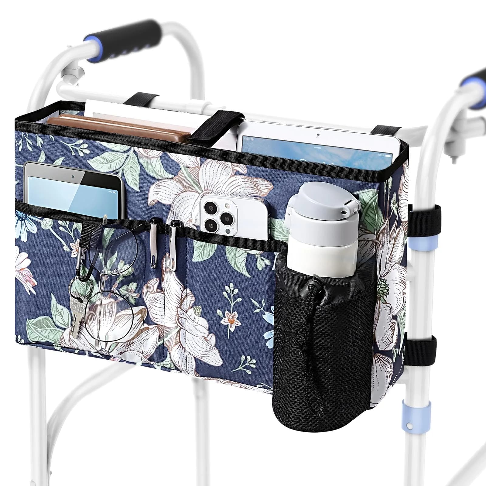 Rhino Valley Walker Basket with Cup Holder, Foldable Walker Bag for Seniors | Large Capacity & Adjustable Fit — D Blue Cosmos