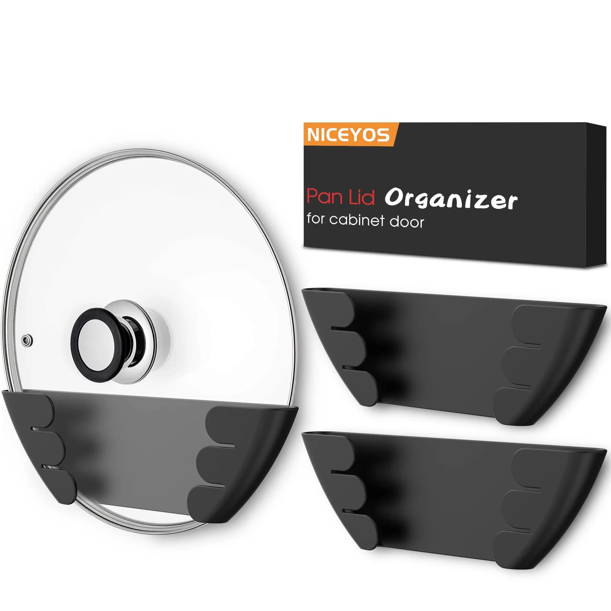 Niceyos Universal Pot Lid Organizer 3 Pack | Wall Mount Kitchen Storage Rack Fits 6" to 13"