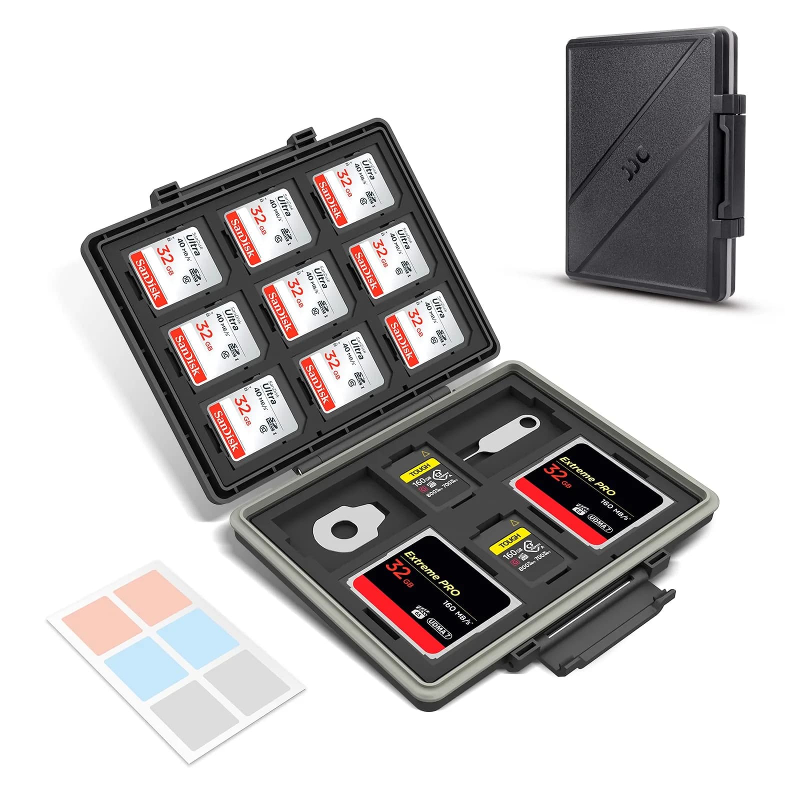 JJC 45-Slot Memory Card Case Holder | 12 SD + 30 Micro SD + 2 CF + 2 XQD/CFexpress Type B + 2 CFexpress Type A | Black - main product image