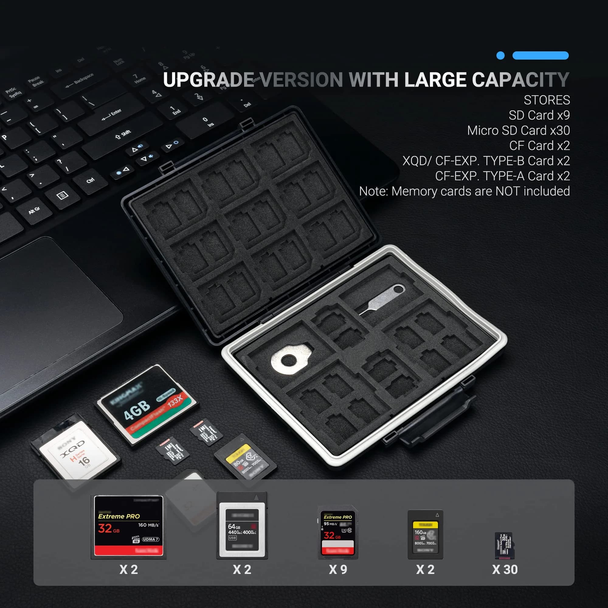 JJC 45-Slot Memory Card Case Holder | 12 SD + 30 Micro SD + 2 CF + 2 XQD/CFexpress Type B + 2 CFexpress Type A | Black - view 6