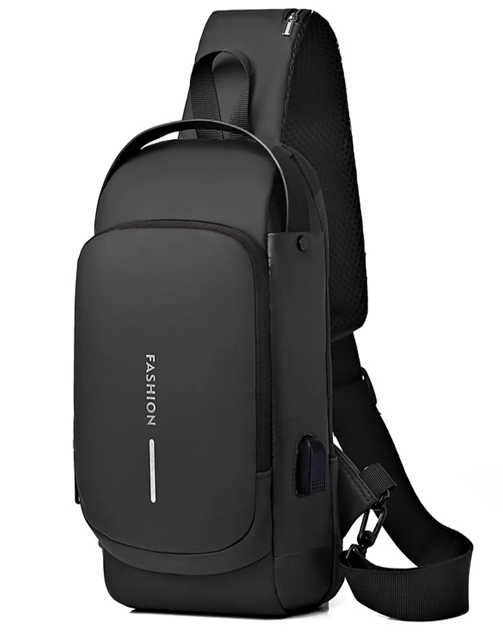 Geanbun Sling Bag for Men, Brown, 22cm x 7cm x 35cm (8.6" x 3.2" x 13.7") | Anti-Theft USB Crossbody Backpack — Black