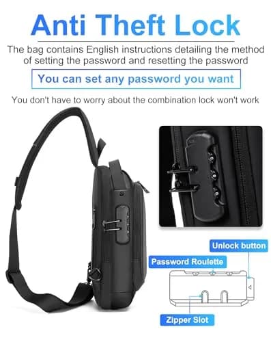 Geanbun Black Sling Bag for Men | Water Resistant Crossbody Backpack with USB Charging Port & Anti-Theft Lock (22cm x 7cm x 35cm) thumbnail 4