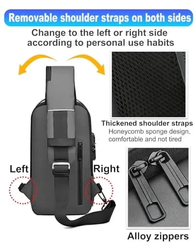 Geanbun Black Sling Bag for Men | Water Resistant Crossbody Backpack with USB Charging Port & Anti-Theft Lock (22cm x 7cm x 35cm) thumbnail 6