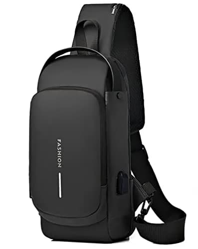 Geanbun Black Sling Bag for Men | Water Resistant Crossbody Backpack with USB Charging Port & Anti-Theft Lock (22cm x 7cm x 35cm) thumbnail 1