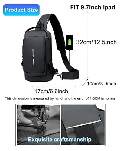 Geanbun Black Sling Bag for Men | Water Resistant Crossbody Backpack with USB Charging Port & Anti-Theft Lock (22cm x 7cm x 35cm) thumbnail 7