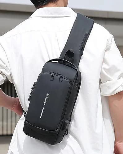 Geanbun Black Sling Bag for Men | Water Resistant Crossbody Backpack with USB Charging Port & Anti-Theft Lock (22cm x 7cm x 35cm) thumbnail 3