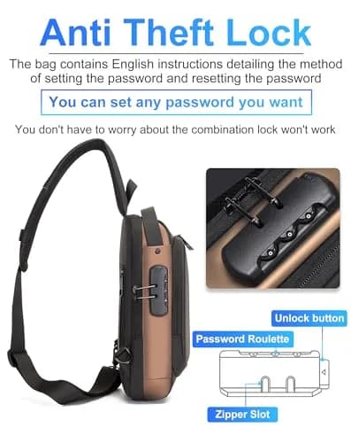 Geanbun Sling Bag for Men, Brown, 22cm x 7cm x 35cm (8.6" x 3.2" x 13.7") | Anti-Theft USB Crossbody Backpack thumbnail 4