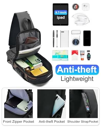Geanbun Sling Bag for Men, Brown, 22cm x 7cm x 35cm (8.6" x 3.2" x 13.7") | Anti-Theft USB Crossbody Backpack thumbnail 5