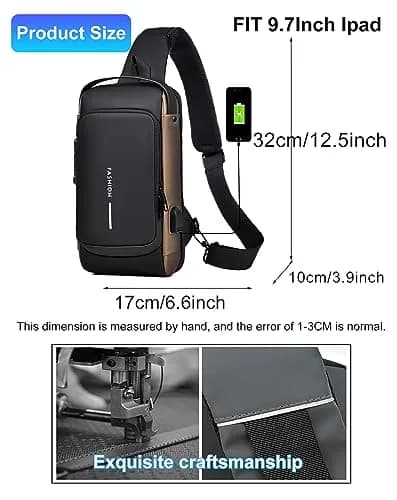 Geanbun Sling Bag for Men, Brown, 22cm x 7cm x 35cm (8.6" x 3.2" x 13.7") | Anti-Theft USB Crossbody Backpack thumbnail 7