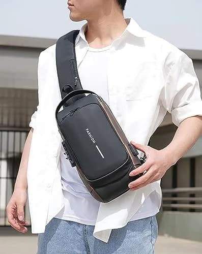 Geanbun Sling Bag for Men, Brown, 22cm x 7cm x 35cm (8.6" x 3.2" x 13.7") | Anti-Theft USB Crossbody Backpack thumbnail 3