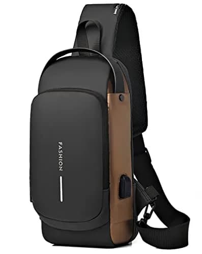 Geanbun Sling Bag for Men, Brown, 22cm x 7cm x 35cm (8.6" x 3.2" x 13.7") | Anti-Theft USB Crossbody Backpack - main product image
