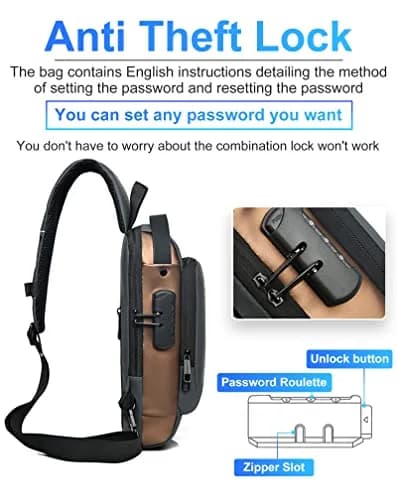 Geanbun Men's Sling Bag Grey | Water-Resistant Anti-Theft USB Crossbody Backpack 22cm (8.6") thumbnail 4