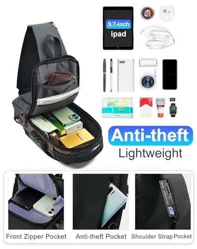 Geanbun Men's Sling Bag Grey | Water-Resistant Anti-Theft USB Crossbody Backpack 22cm (8.6") thumbnail 5
