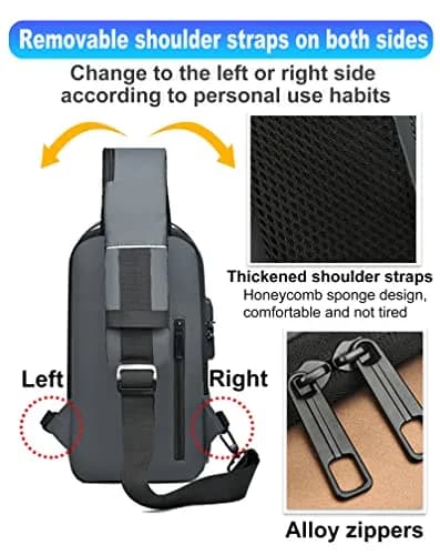 Geanbun Men's Sling Bag Grey | Water-Resistant Anti-Theft USB Crossbody Backpack 22cm (8.6") thumbnail 6