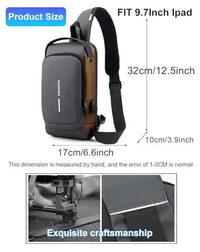 Geanbun Men's Sling Bag Grey | Water-Resistant Anti-Theft USB Crossbody Backpack 22cm (8.6") thumbnail 7