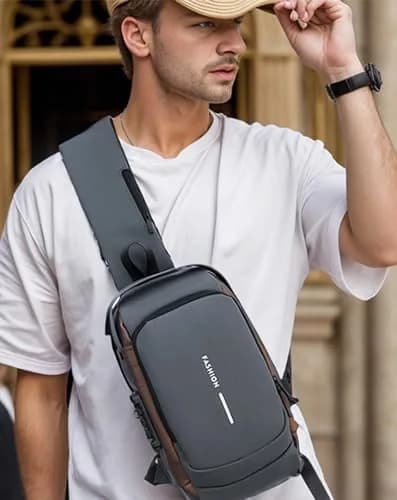 Geanbun Men's Sling Bag Grey | Water-Resistant Anti-Theft USB Crossbody Backpack 22cm (8.6") thumbnail 2