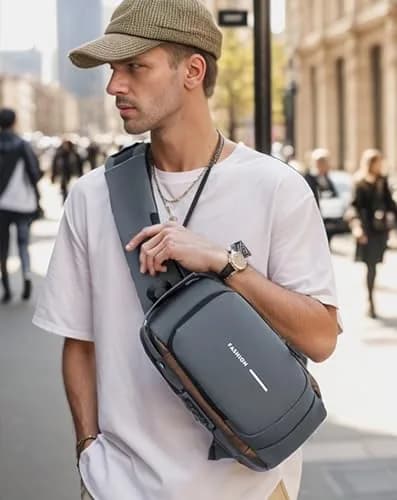 Geanbun Men's Sling Bag Grey | Water-Resistant Anti-Theft USB Crossbody Backpack 22cm (8.6") thumbnail 3
