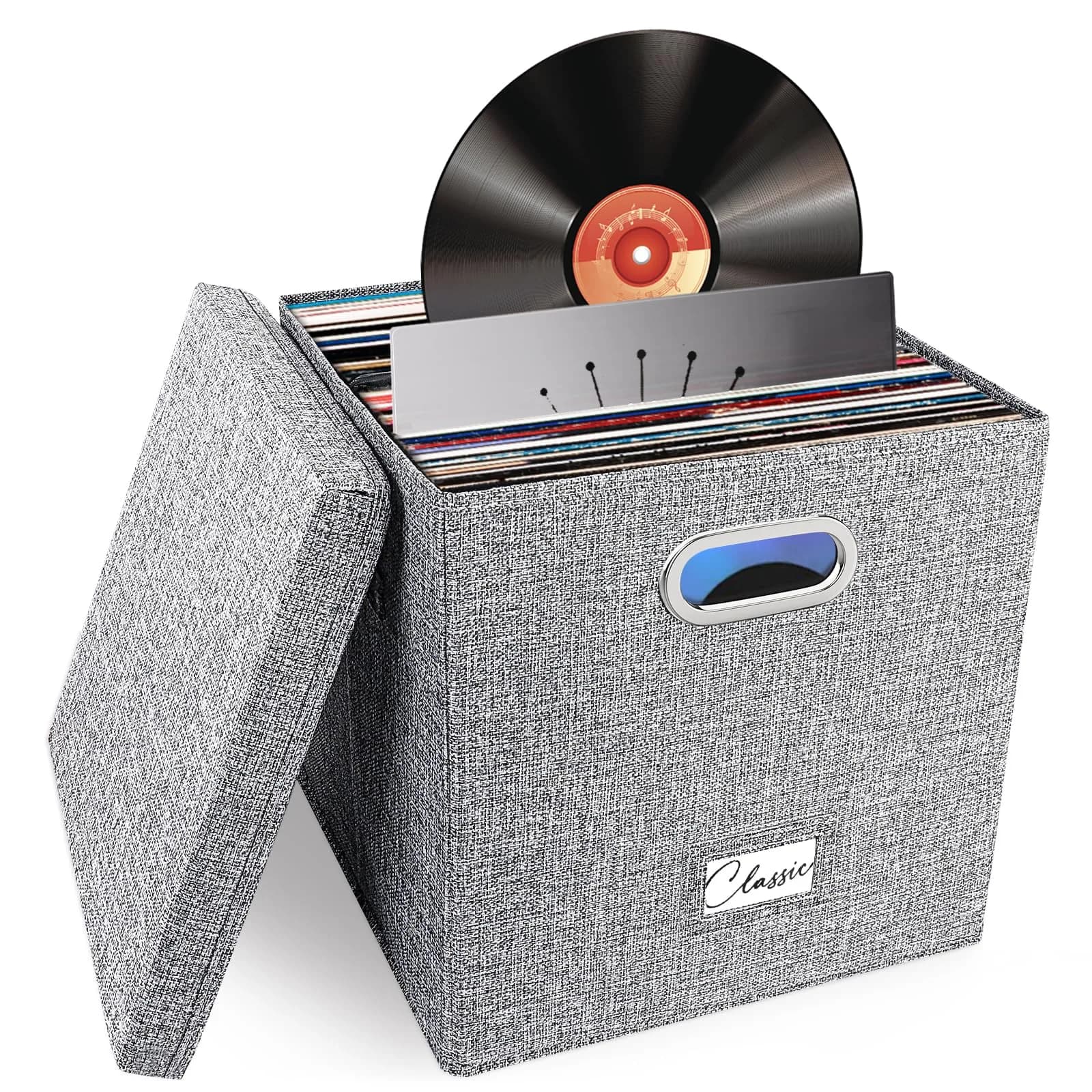 Woodoulogy Vinyl Record Storage Box for 50+ LPs | 12-Inch Record Holder Case with Lid — Grey