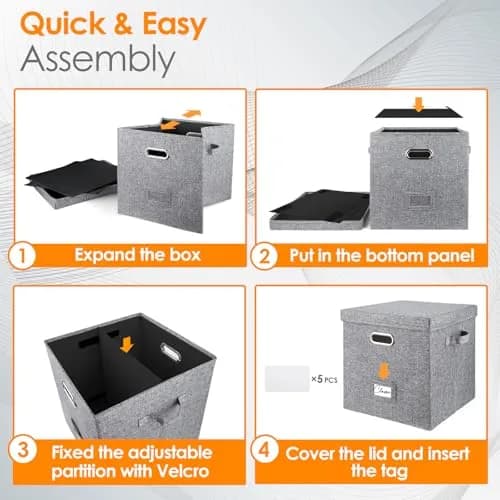 Woodoulogy Vinyl Record Storage Box 13" Cube Grey Linen | Space-Saving, Collapsible, Protects 50+ LPs thumbnail 7