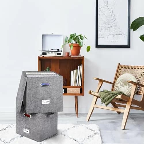 Woodoulogy Vinyl Record Storage Box 13" Cube Grey Linen | Space-Saving, Collapsible, Protects 50+ LPs thumbnail 2
