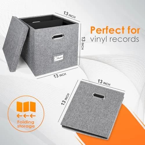 Woodoulogy Vinyl Record Storage Box 13" Cube Grey Linen | Space-Saving, Collapsible, Protects 50+ LPs thumbnail 3
