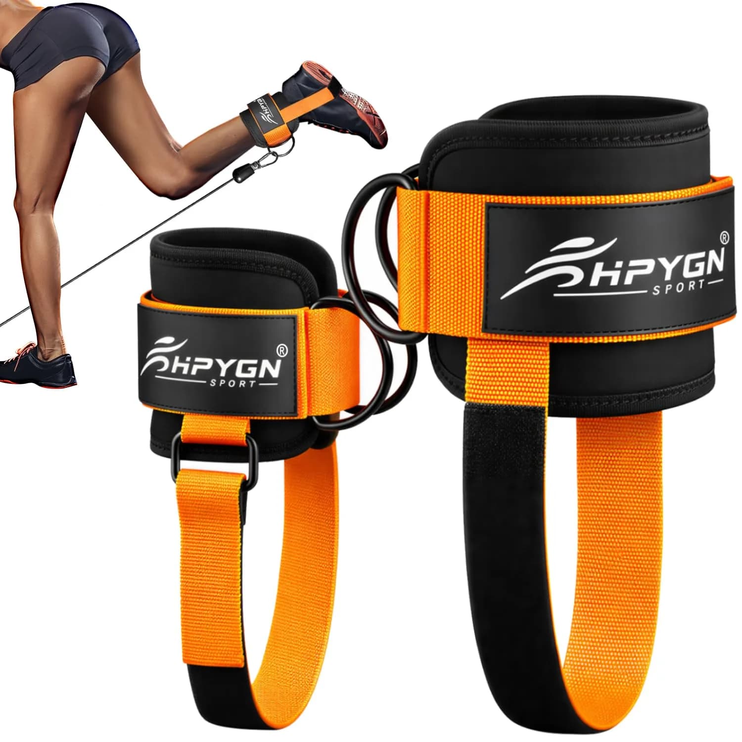 HPYGN Padded Ankle Strap for Cable Machine with Extra Strap & Carabiner, Orange (Pair) | Secure Glute & Leg Workouts