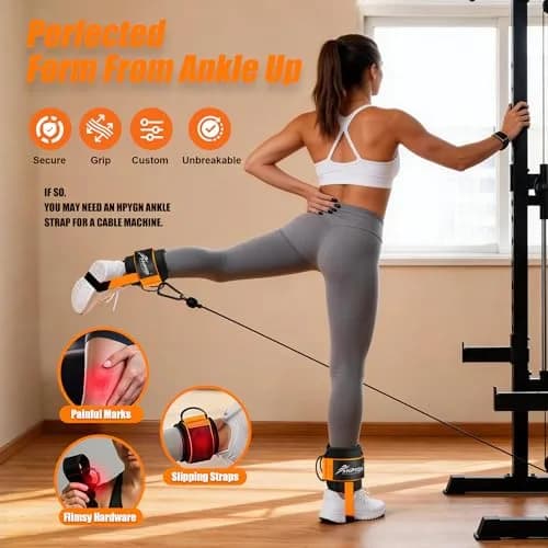HPYGN Padded Ankle Strap for Cable Machine with Extra Strap & Carabiner, Orange (Pair) | Secure Glute & Leg Workouts thumbnail 3