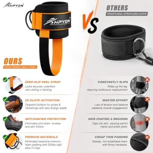 HPYGN Padded Ankle Strap for Cable Machine with Extra Strap & Carabiner, Orange (Pair) | Secure Glute & Leg Workouts thumbnail 4