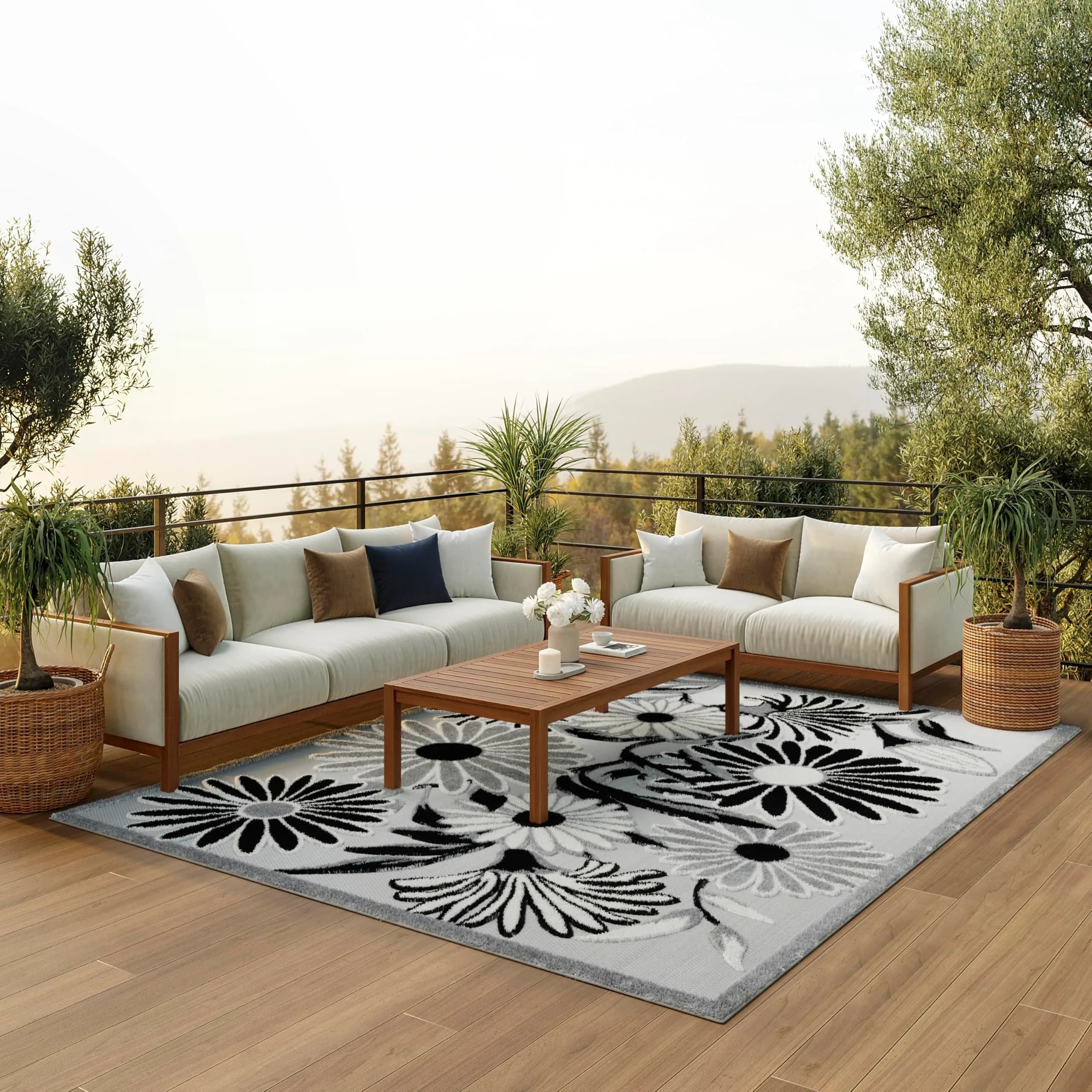 Nourison Rug Aloha Multicolor 9' x 12' | Easy Clean, Non Shedding, Indoor & Outdoor Use — Black White