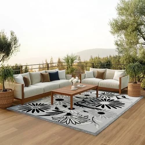 Nourison Aloha Black White 9' x 12' Area Rug | Easy Clean, Non Shedding, Indoor & Outdoor Use thumbnail 1