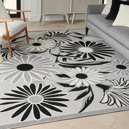 Nourison Aloha Black White 9' x 12' Area Rug | Easy Clean, Non Shedding, Indoor & Outdoor Use thumbnail 5