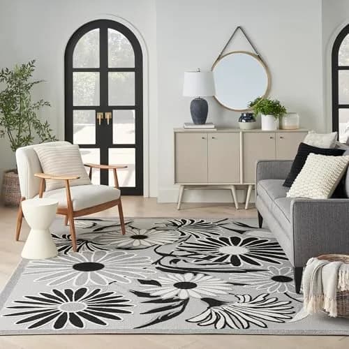 Nourison Aloha Black White 9' x 12' Area Rug | Easy Clean, Non Shedding, Indoor & Outdoor Use thumbnail 2