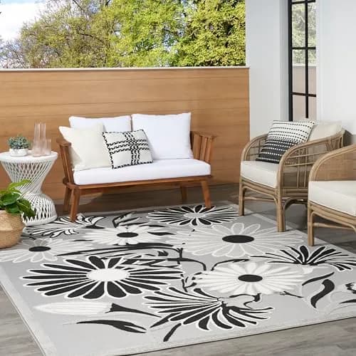 Nourison Aloha Black White 9' x 12' Area Rug | Easy Clean, Non Shedding, Indoor & Outdoor Use thumbnail 3