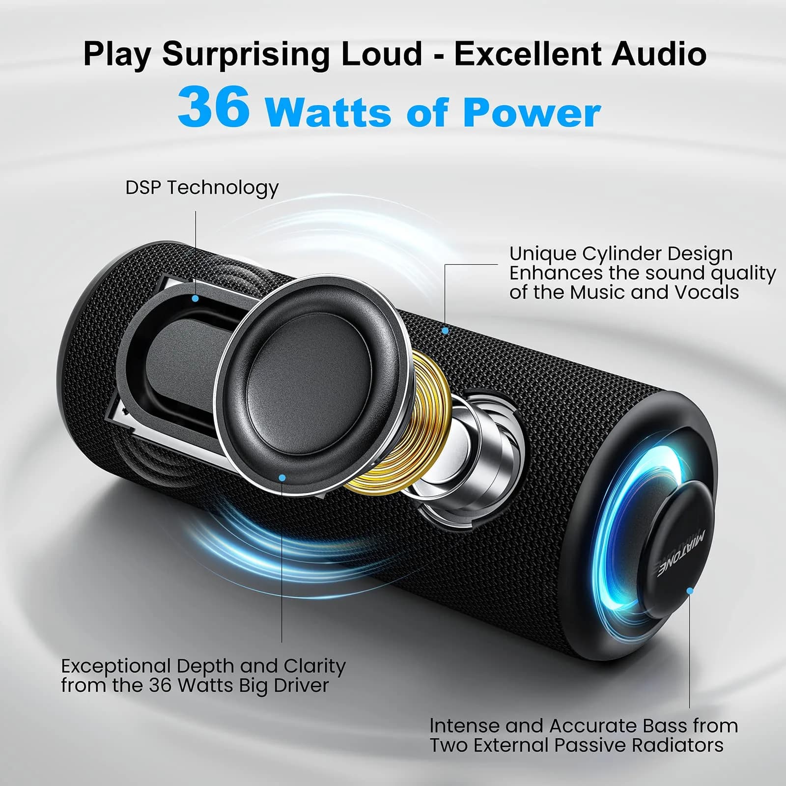 MIATONE 36W Portable Bluetooth Speaker with Stereo Sound & 24H Playtime | IPX7 Waterproof, USB-C Outdoor Speaker (Black) - view 2