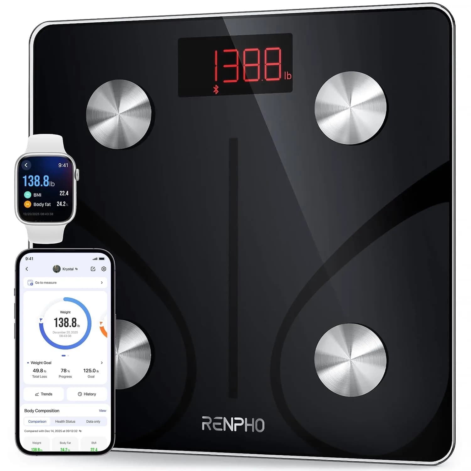 RENPHO Smart Bathroom Scale with Ultra Wide Platform 12 x 12 inches | FDA Approved, 500 lbs Capacity - main product image