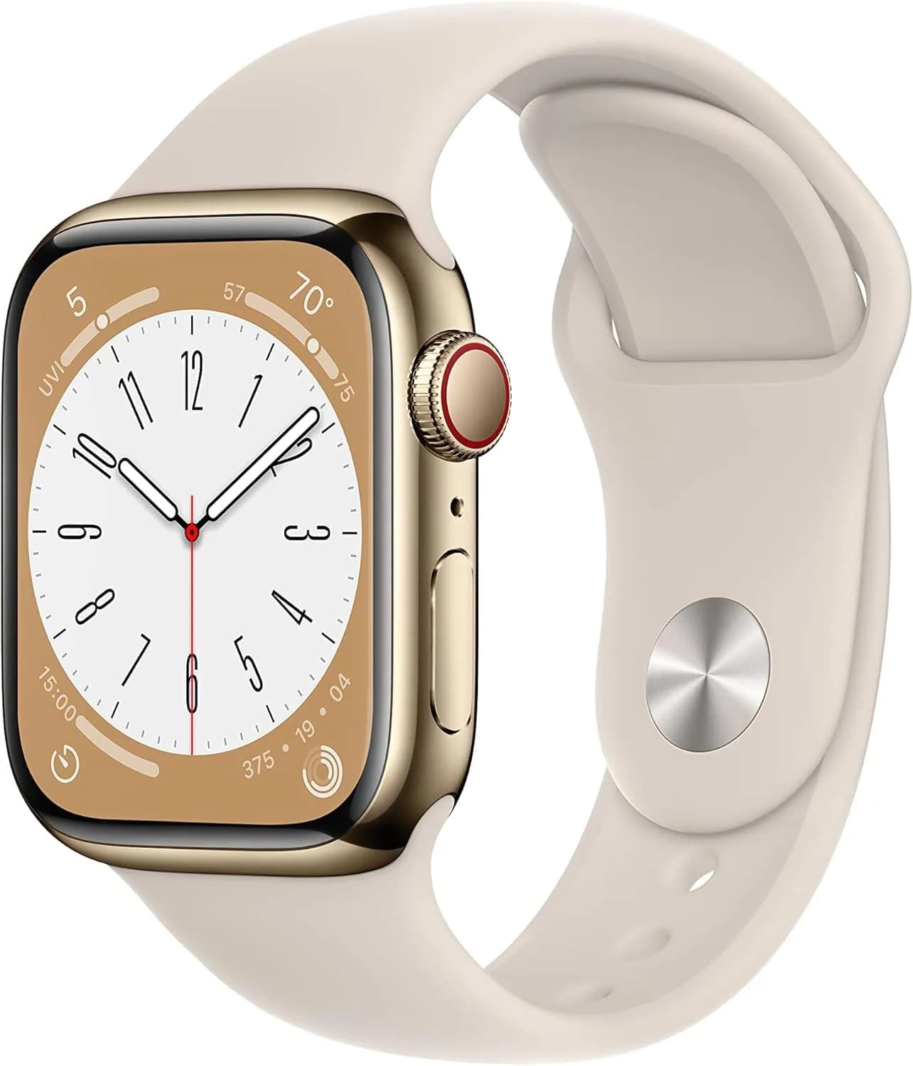 Apple Watch Series 8 (GPS + Cellular, 41MM) Gold Stainless Steel Case with Starlight Sport Band - S/M | Advanced Health & Safety Features - main product image