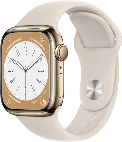 Apple Watch Series 8 (GPS + Cellular, 41MM) Gold Stainless Steel Case with Starlight Sport Band - S/M | Advanced Health & Safety Features thumbnail 1