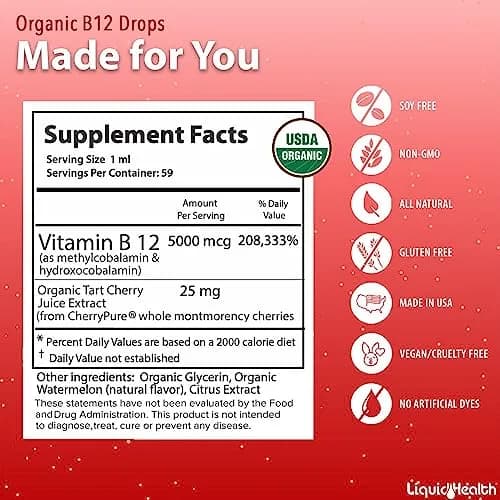 LIQUIDHEALTH USDA Organic Methyl B12 Liquid Drops 2 Fl Oz (60ml) | Boost Energy & Memory thumbnail 5