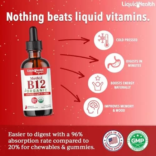 LIQUIDHEALTH USDA Organic Methyl B12 Liquid Drops 2 Fl Oz (60ml) | Boost Energy & Memory thumbnail 2
