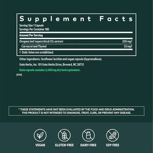Gaia Herbs Oil of Oregano 230 mg Vegan Capsules 180 Count | Immune & Antioxidant Support with Carvacrol & Thymol thumbnail 2