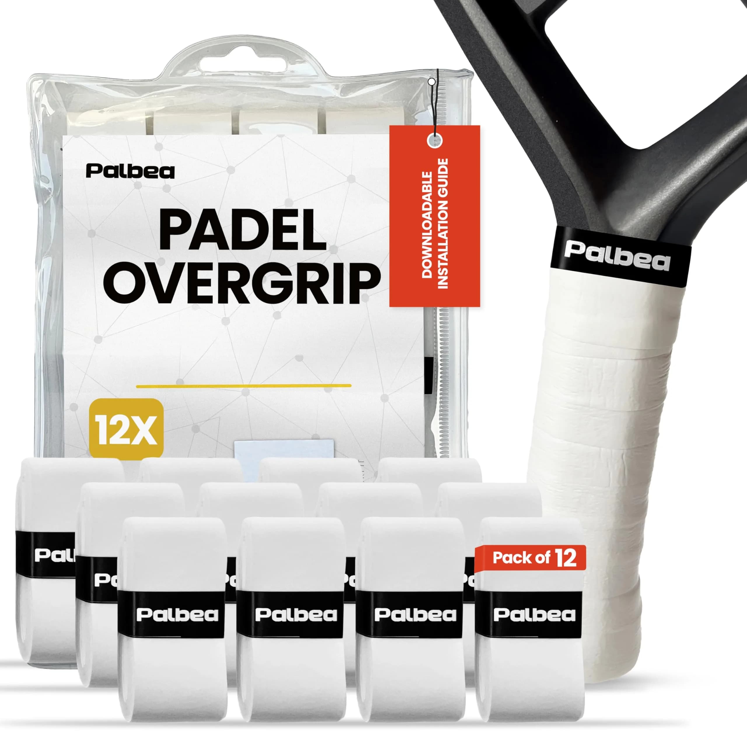 Palbea 12-Pack White Padel Racket Grip Tape - Sweat-Absorbing Non-Slip Overgrip - main product image