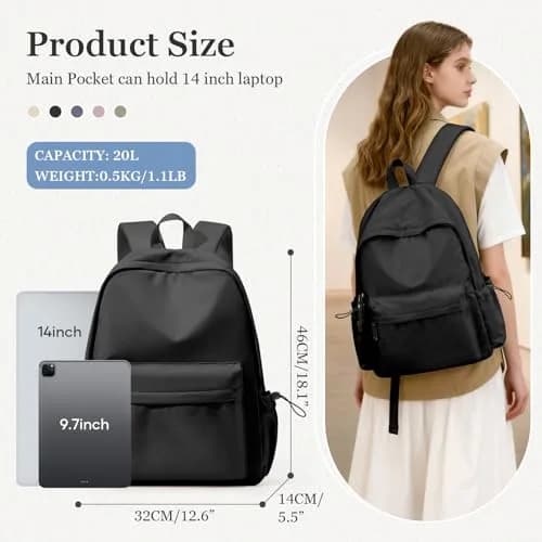 WEPOET Black Backpack For College Women, Middle High School Bag For Girls Bookbag | Water Resistant Nylon Daypack thumbnail 2