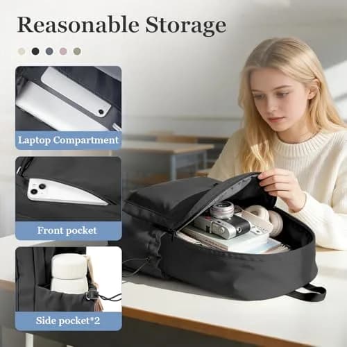 WEPOET Black Backpack For College Women, Middle High School Bag For Girls Bookbag | Water Resistant Nylon Daypack thumbnail 3