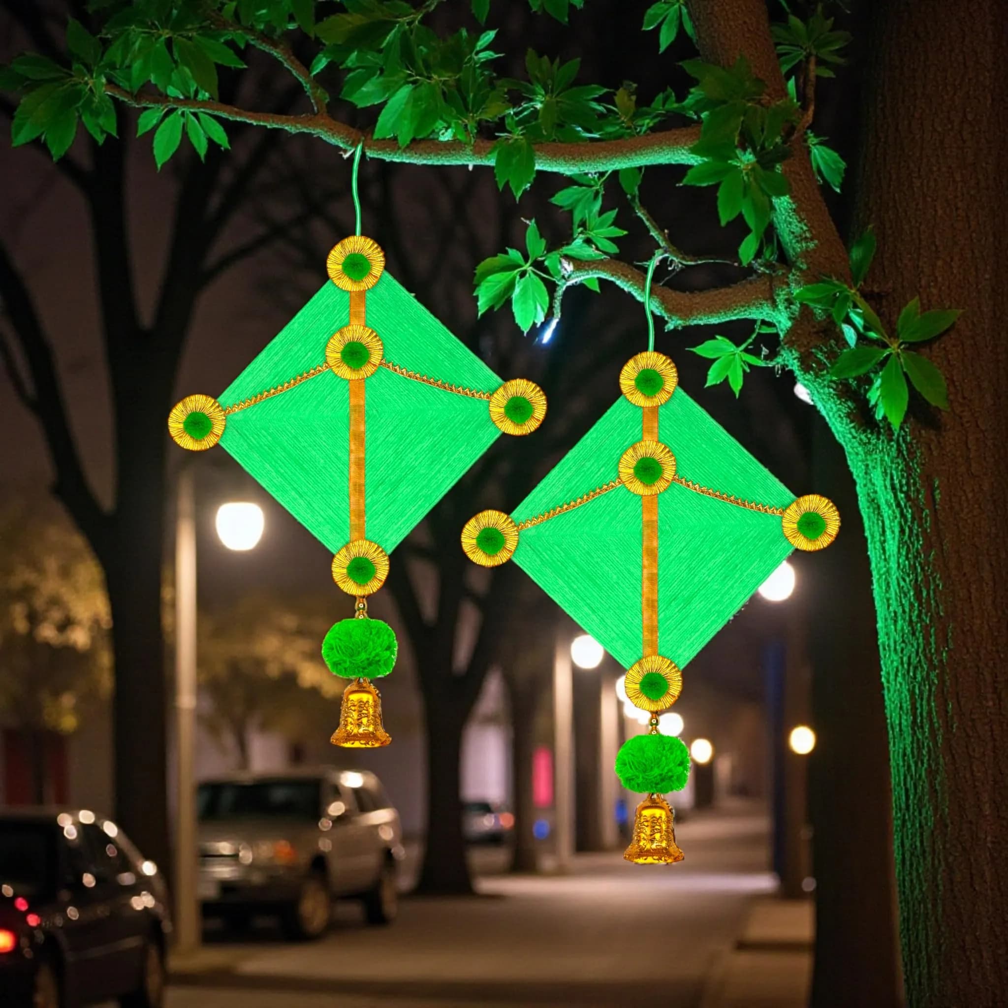 iHandikart Handmade Woolen Kite Wall Hanging Decoration | Makar Sankranti Festive Decor 17x12 Inches Green Pack of 2 — Green