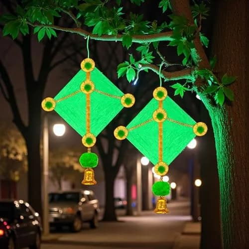 iHandikart Handmade Woolen Kite Wall Hanging Decoration | Makar Sankranti Festive Decor 17x12 Inches Green Pack of 2 thumbnail 1