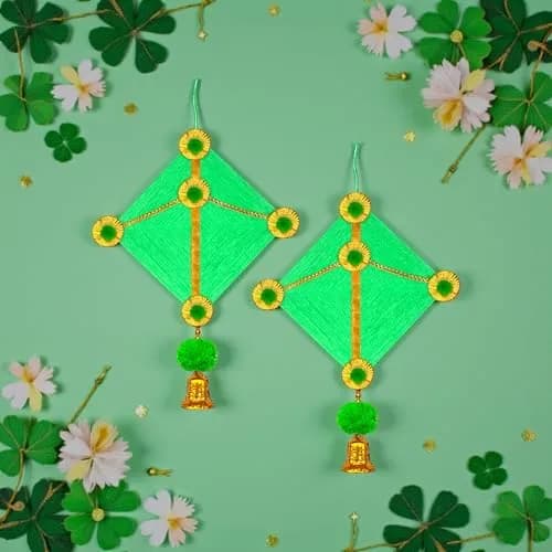 iHandikart Handmade Woolen Kite Wall Hanging Decoration | Makar Sankranti Festive Decor 17x12 Inches Green Pack of 2 thumbnail 4