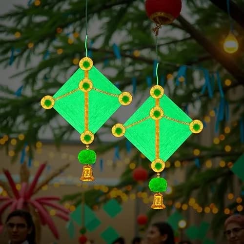 iHandikart Handmade Woolen Kite Wall Hanging Decoration | Makar Sankranti Festive Decor 17x12 Inches Green Pack of 2 thumbnail 5