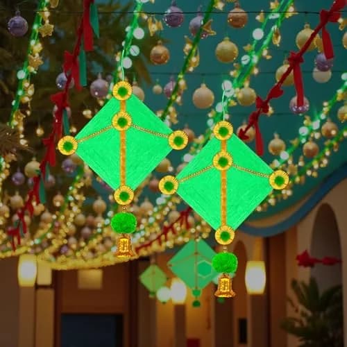iHandikart Handmade Woolen Kite Wall Hanging Decoration | Makar Sankranti Festive Decor 17x12 Inches Green Pack of 2 thumbnail 6