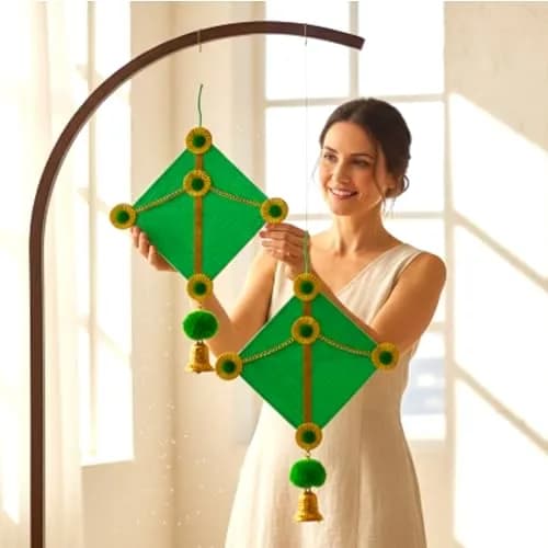 iHandikart Handmade Woolen Kite Wall Hanging Decoration | Makar Sankranti Festive Decor 17x12 Inches Green Pack of 2 thumbnail 7