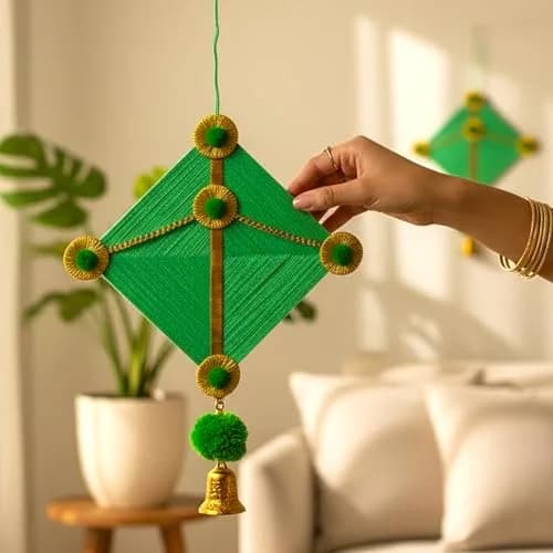 iHandikart Handmade Woolen Kite Wall Hanging Decoration | Makar Sankranti Festive Decor 17x12 Inches Green Pack of 2 thumbnail 8